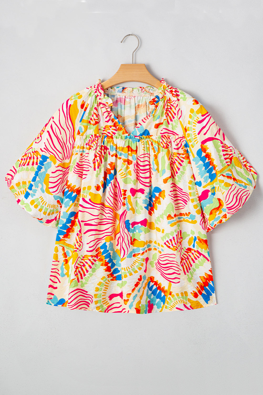Orange Abstract Printed Shirred Bubble Half Sleeve V Neck Blouse Blouses & Shirts JT's Designer Fashion