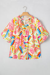 Orange Abstract Printed Shirred Bubble Half Sleeve V Neck Blouse Blouses & Shirts JT's Designer Fashion