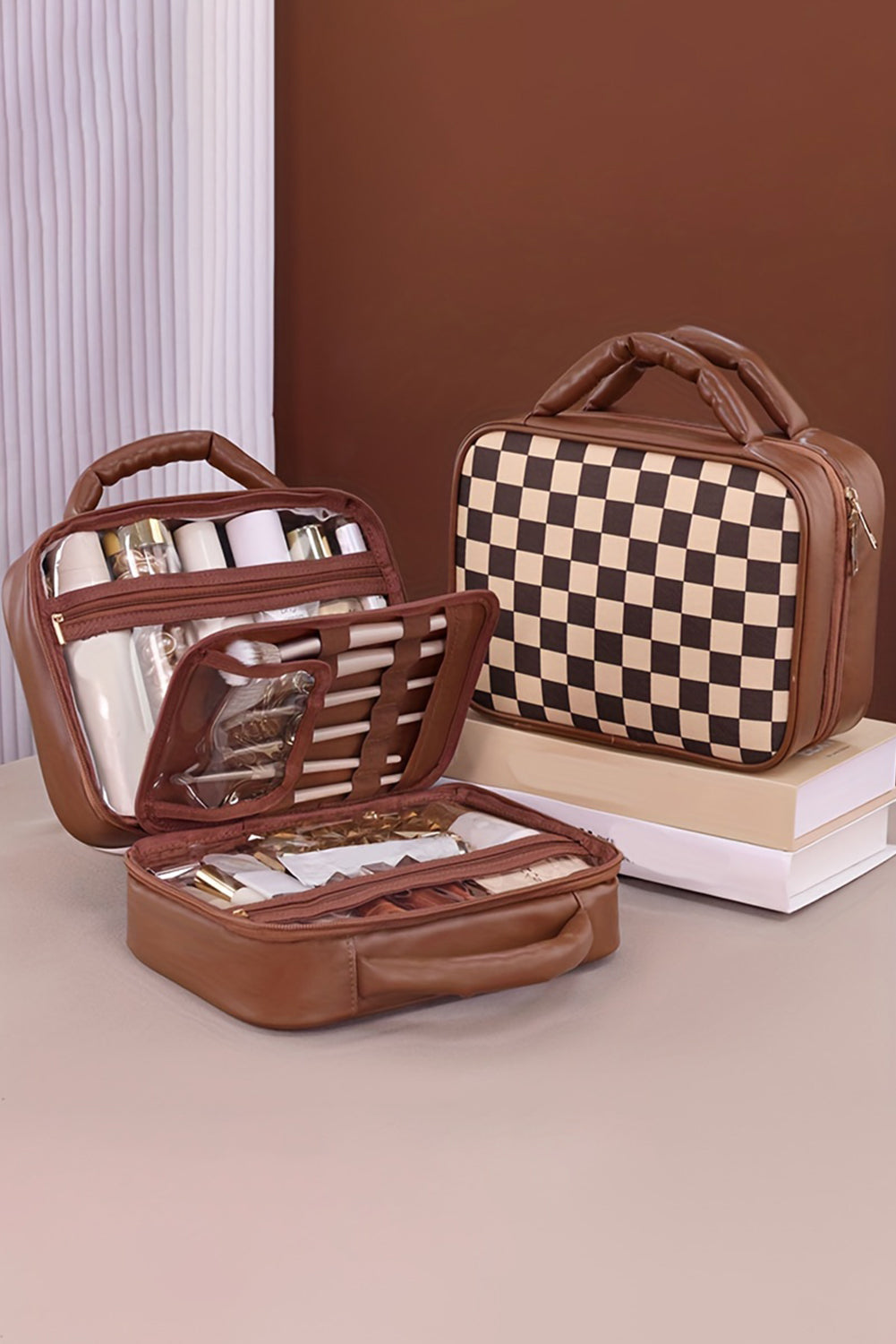 Black Checkered Multiple Compartments PU Leather Cosmetic Bag Makeup Bags JT's Designer Fashion
