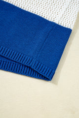 Blue Stripe Colorblock Polo Collar Eyelet Crochet Knitted Sweater Sweaters JT's Designer Fashion
