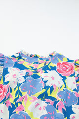 Sky Blue Floral Printed V Notched Ric Rac Flutter Sleeve Dress Floral Dresses JT's Designer Fashion