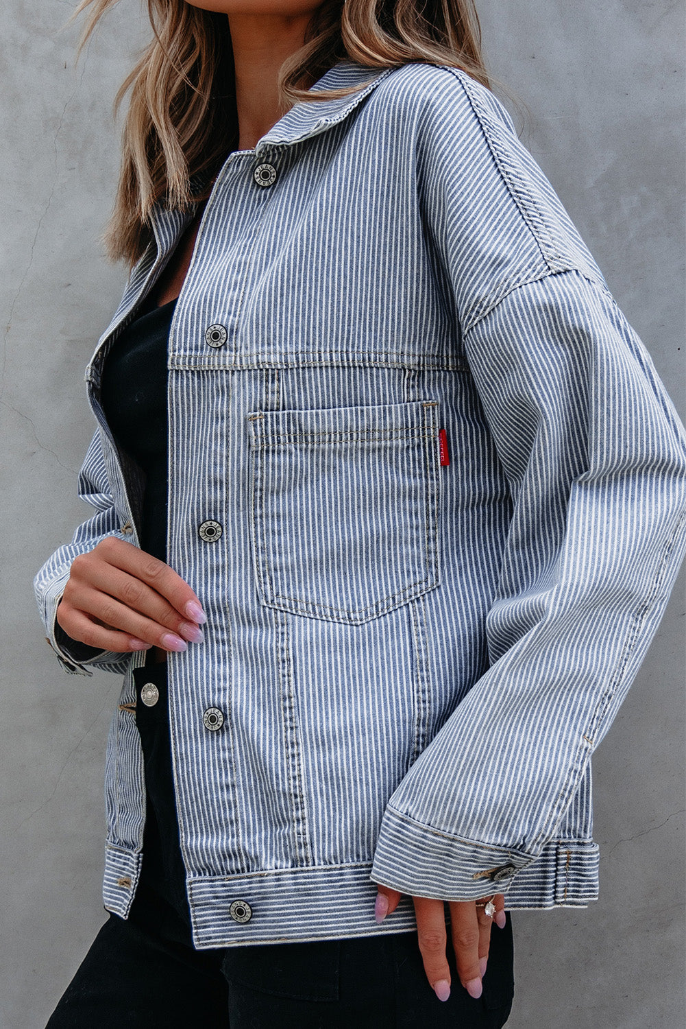 Sky Blue Stripe Washed Oversize Pocketed Denim Jacket Denim Jackets JT's Designer Fashion
