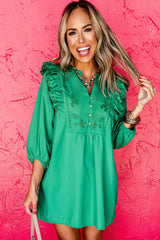 Bright Green Embroidered Ruffled Trim 3/4 Sleeve V Neck Mini Dress Mini Dresses JT's Designer Fashion