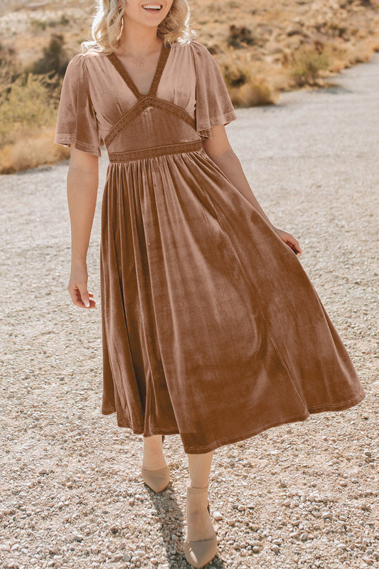 Chestnut Velvet Lacy V Neckline Short Sleeve Empire Waist Flowy Long Dress Chestnut 95%Polyester+5%Elastane Maxi Dresses JT's Designer Fashion