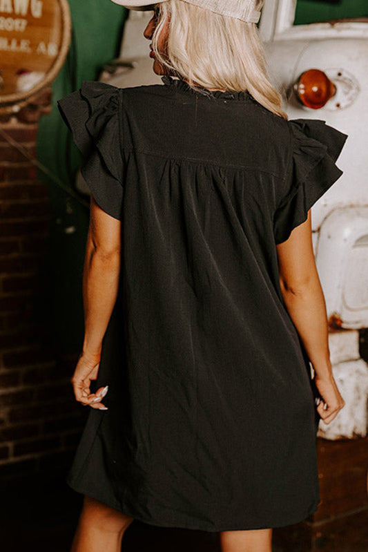 Black Frilled V Neck Pleated Ruffle Detail Short Shift Dress Mini Dresses JT's Designer Fashion
