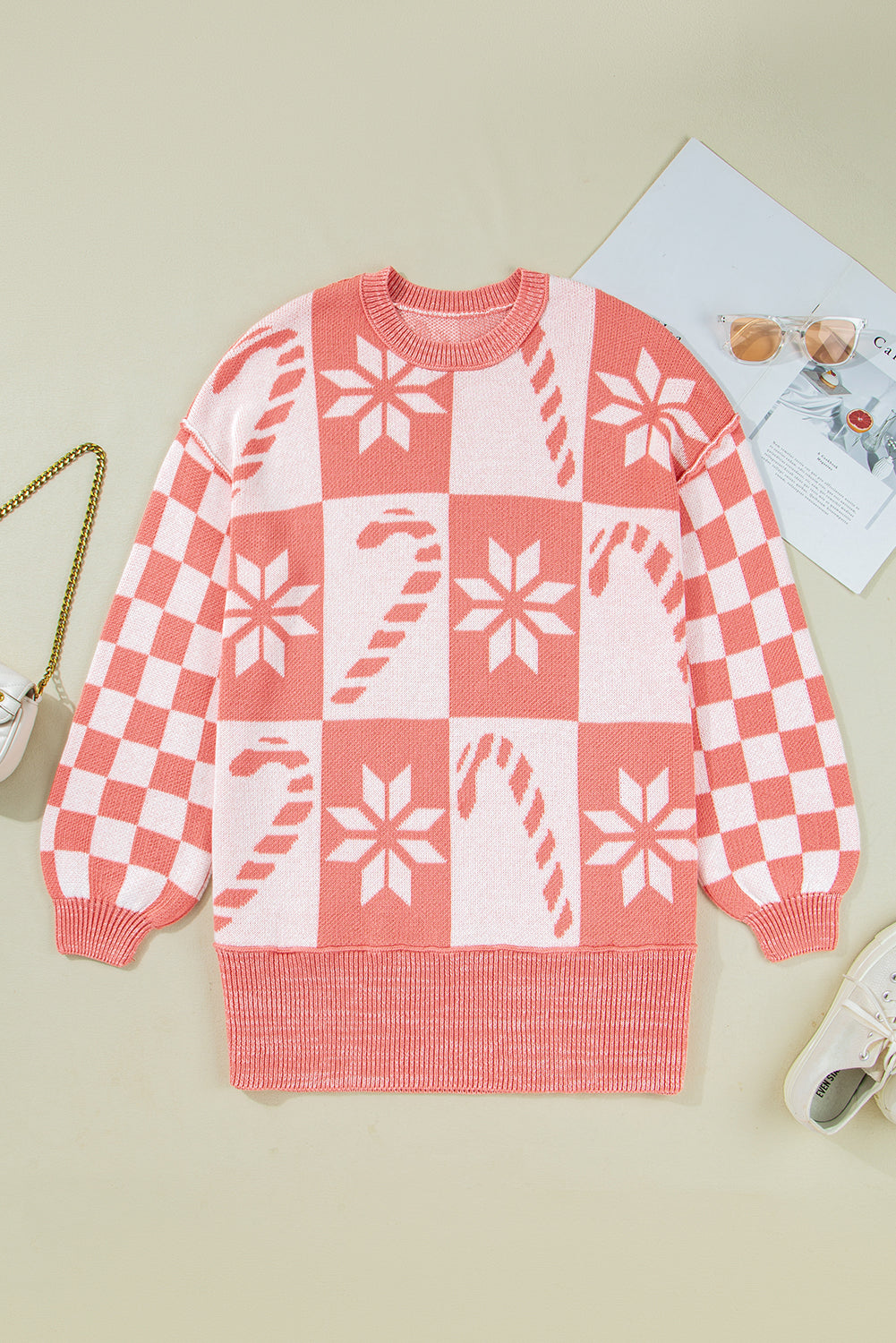 Pink Candycane Snowflake Checker Christmas Holiday Drop Shoulder Tunic Loose Sweater Sweaters JT's Designer Fashion