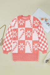Pink Candycane Snowflake Checker Christmas Holiday Drop Shoulder Tunic Loose Sweater Sweaters JT's Designer Fashion