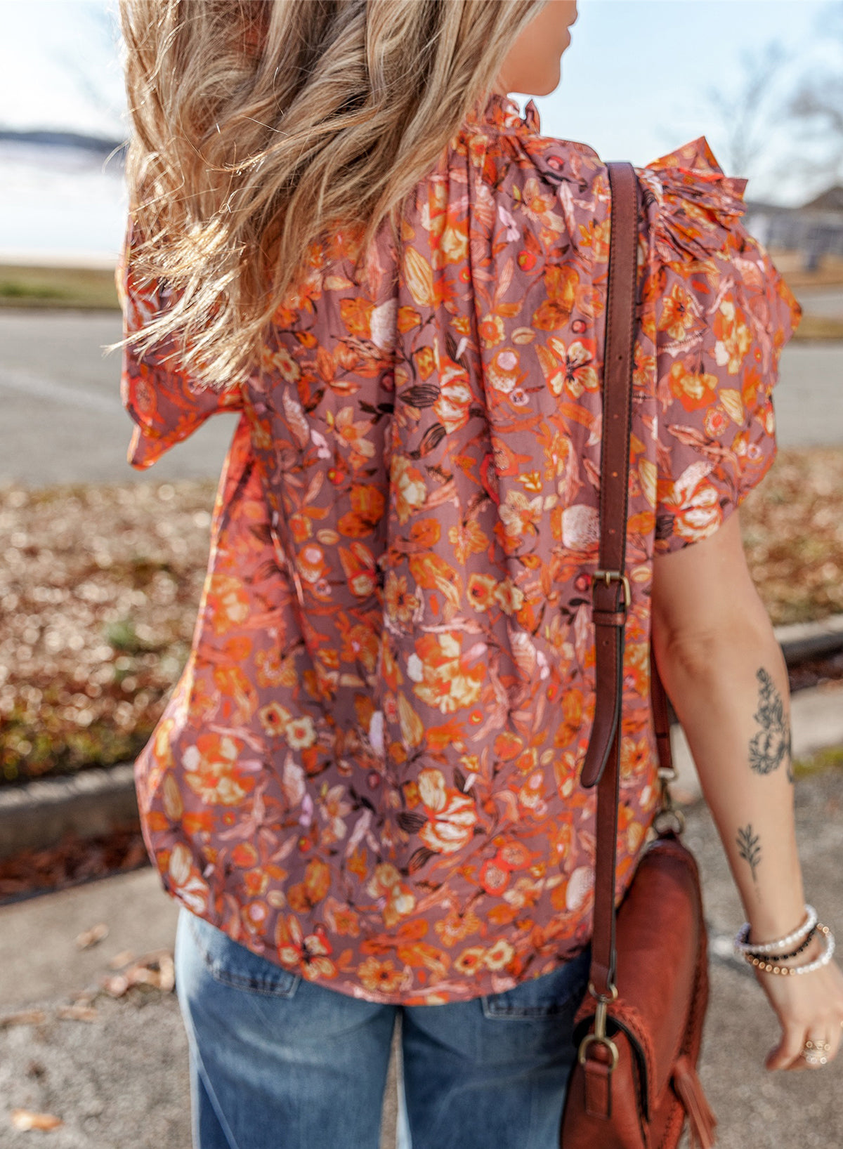 Orange Floral Print Ruffled Flutter Sleeve Frilled V Neck Blouse Blouses & Shirts JT's Designer Fashion