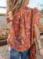 Orange Floral Print Ruffled Flutter Sleeve Frilled V Neck Blouse Blouses & Shirts JT's Designer Fashion