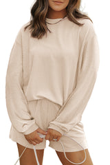 Parchment Corded Knit Long Sleeve Top and High Waist Shorts Set Short Sets JT's Designer Fashion