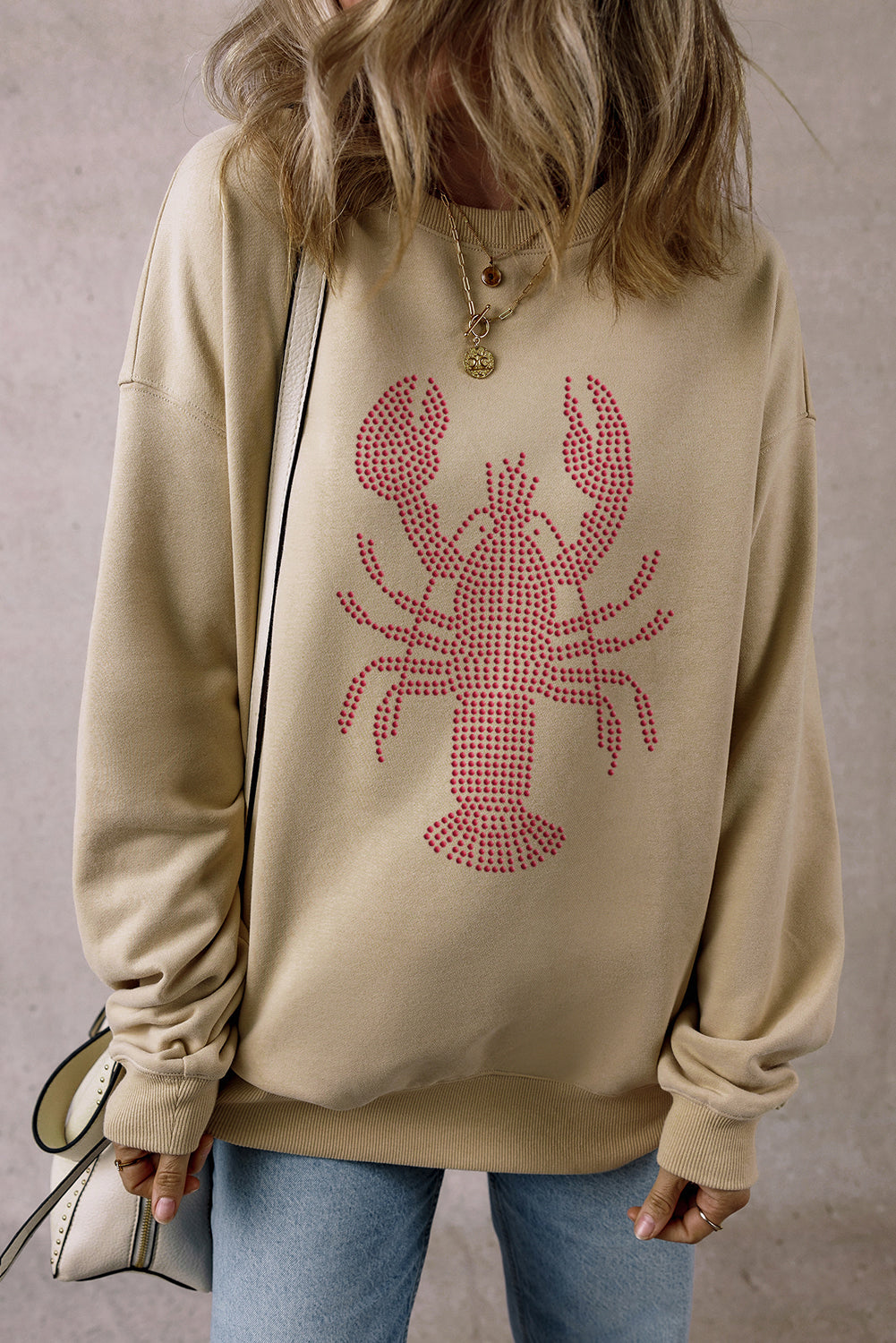 Parchment Rhinestone Crawfish Graphic Crewneck Oversized Sweatshirt Parchment 50%Polyester+50%Cotton Graphic Sweatshirts JT's Designer Fashion