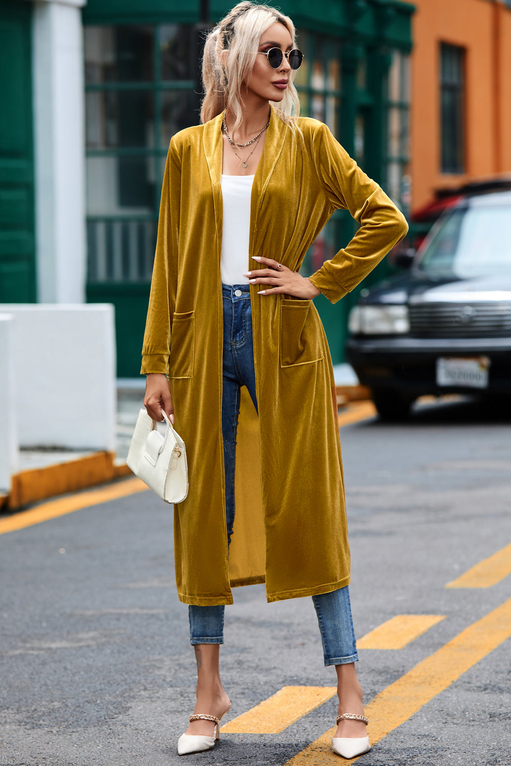 Yellow Velvet Open Front Pocketed Long Duster Sweaters & Cardigans JT's Designer Fashion