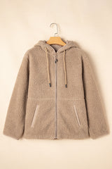 Pale Khaki Fleece Zip Up Drawstring Hooded Pocketed Jacket Jackets JT's Designer Fashion