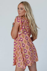 Orange Geometric Floral V Neck Buttoned Ruffled Sleeve Mini Dress Mini Dresses JT's Designer Fashion