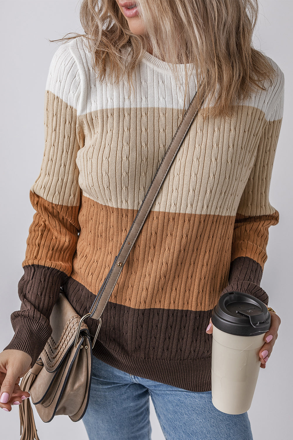 Khaki Colorblock Cable Knit Round Neck Sweater Sweaters JT's Designer Fashion