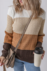 Khaki Colorblock Cable Knit Round Neck Sweater Sweaters JT's Designer Fashion