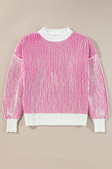 Bright Pink Striped Textured Knit Contrast Edge Loose Sweater Sweaters JT's Designer Fashion