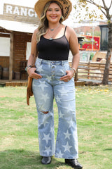 Sky Blue Star Printed Multi Buttons Slit Knee Destroyed Plus Size Jeans Plus Size Bottoms JT's Designer Fashion
