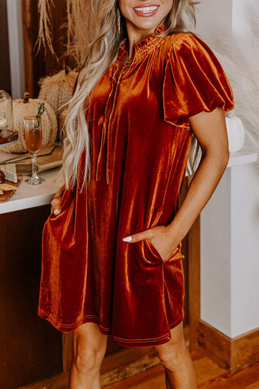Cinnamon Velvet Smocked Neckline Puff Sleeve Shift Mini Dress Mini Dresses JT's Designer Fashion