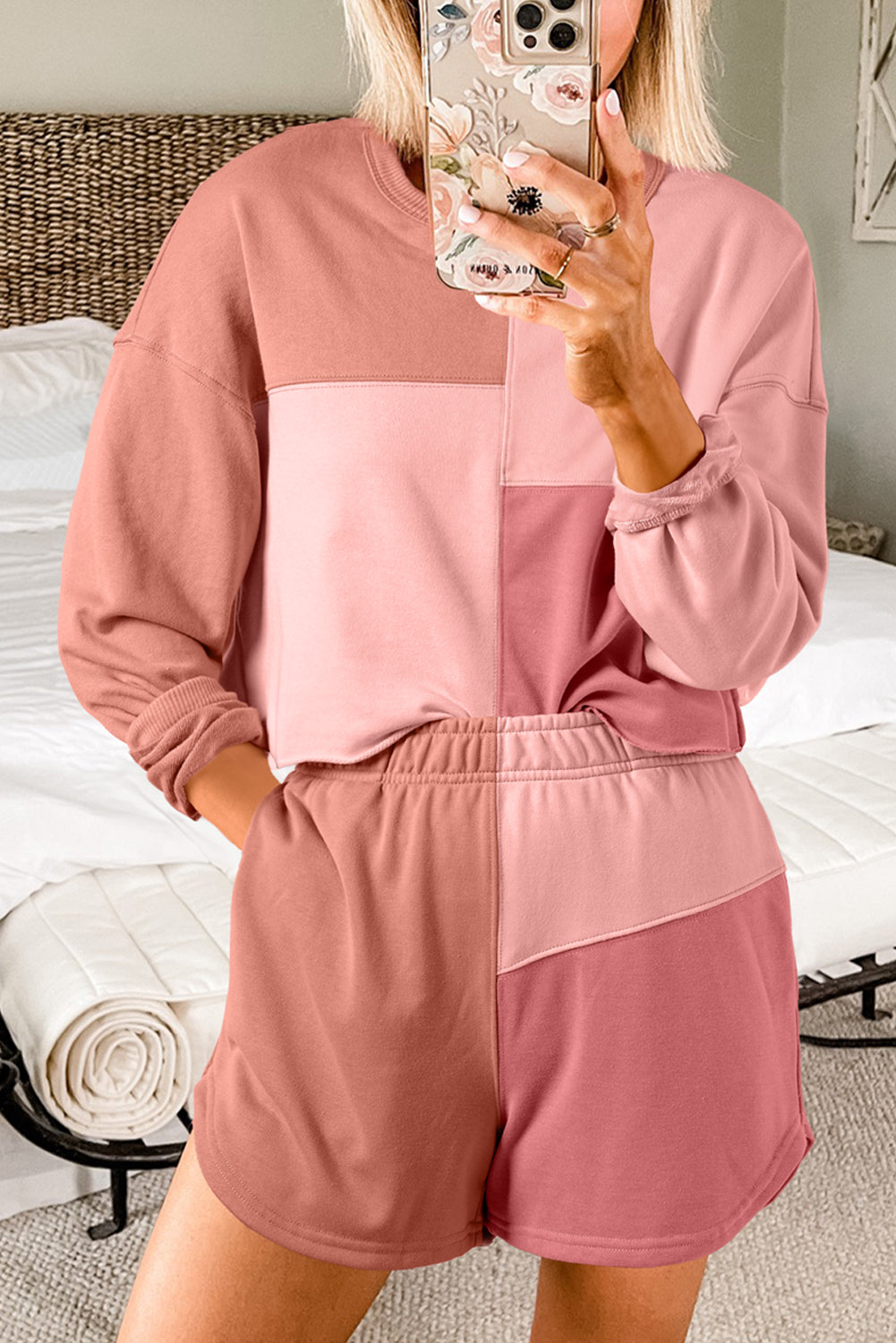 Peach Blossom Colorblock Patchwork Long Sleeve Shorts Outfit Short Sets JT's Designer Fashion