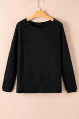 Black Waffle Knit Drop Shoulder Long Sleeve Top Long Sleeve Tops JT's Designer Fashion