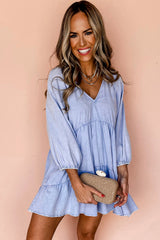 Beau Blue Puff Sleeve V Neck Tiered Ruffled Chambray Mini Dress Mini Dresses JT's Designer Fashion