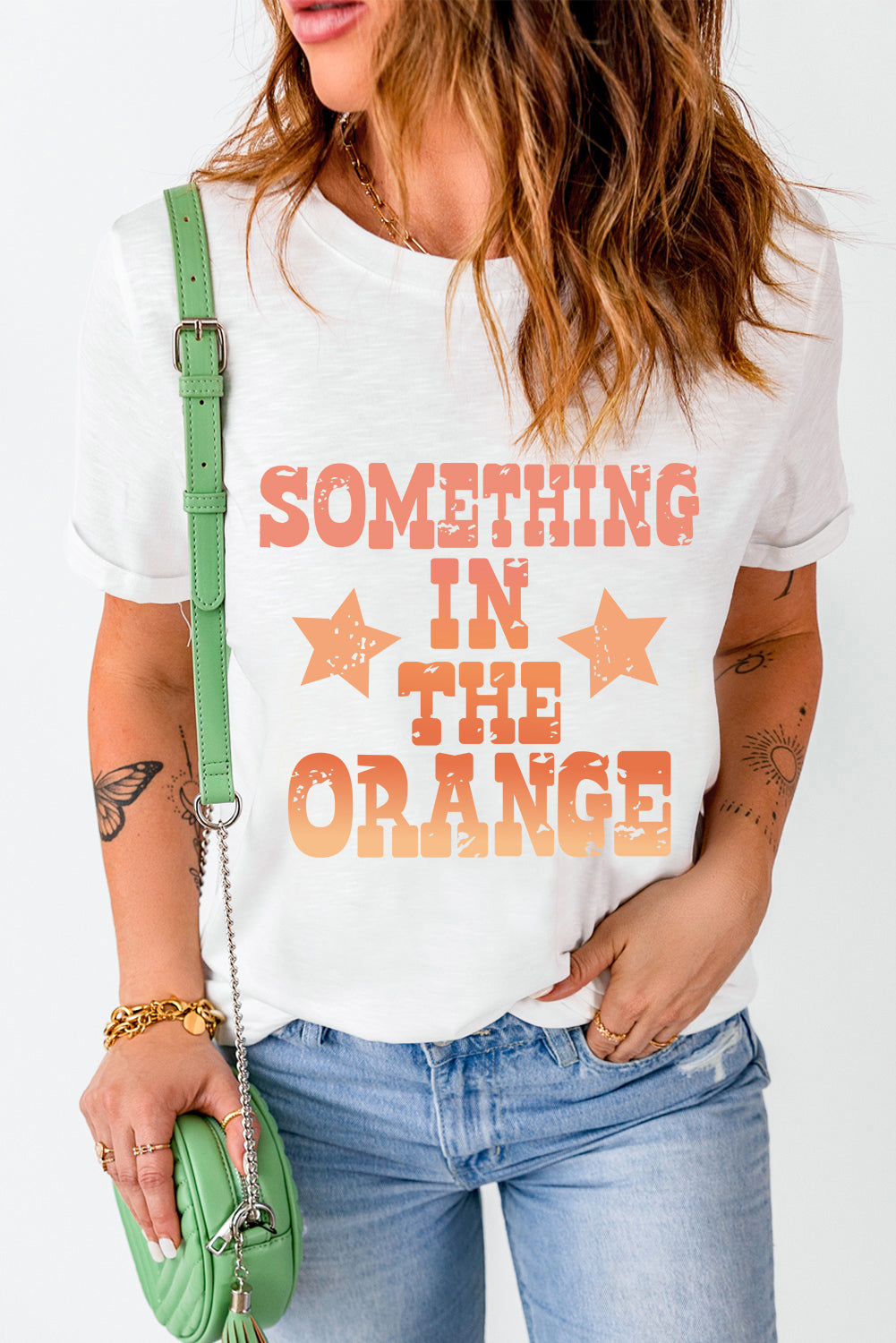 White SOMETHING IN THE ORANGE Graphic Crew Neck T Shirt Graphic Tees JT's Designer Fashion