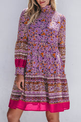 Purple Floral Smocked Puff Sleeve High Neck Mini Dress Floral Dresses JT's Designer Fashion