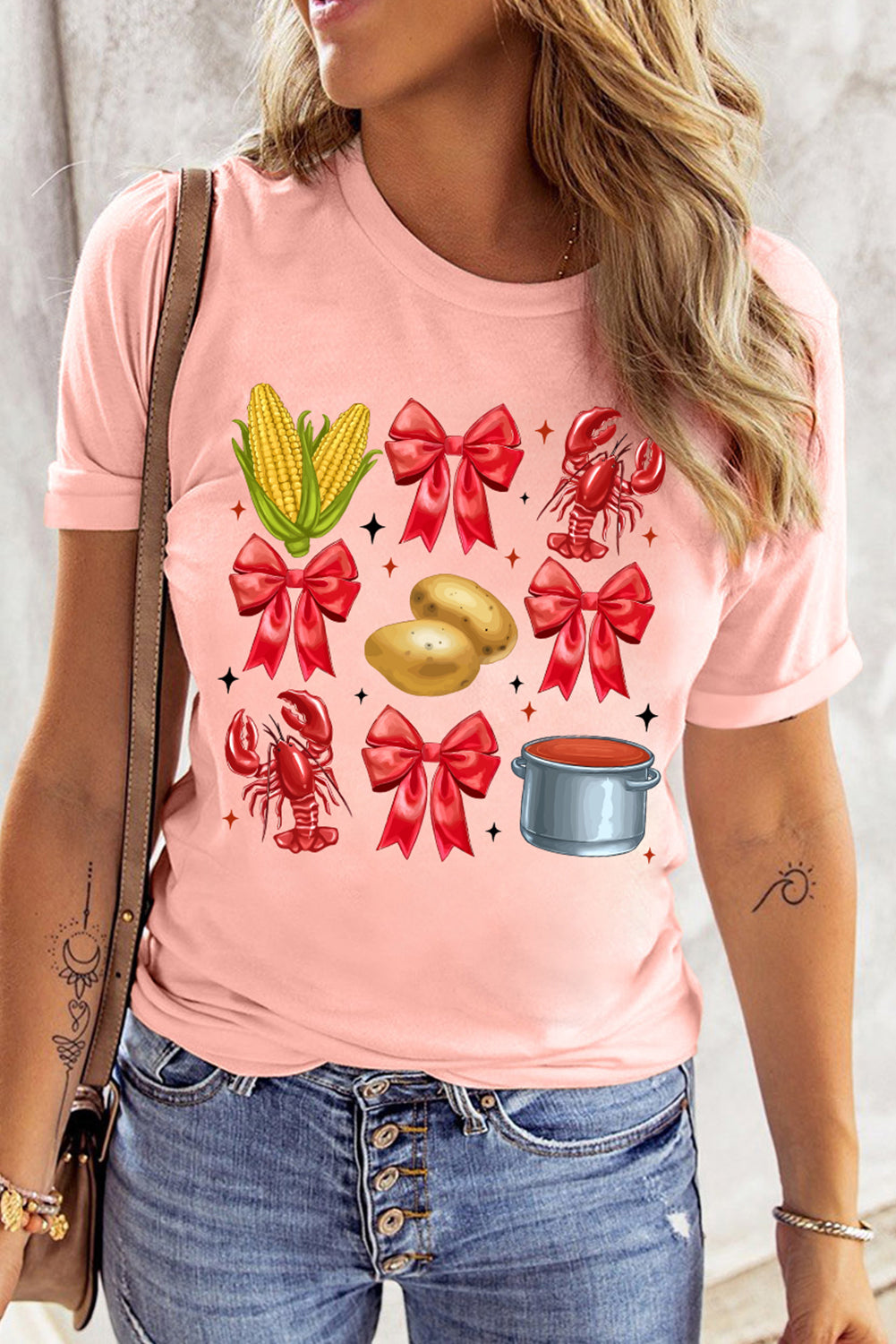 Pink Summer Food Bow Crawfish Printed T Shirt Graphic Tees JT's Designer Fashion