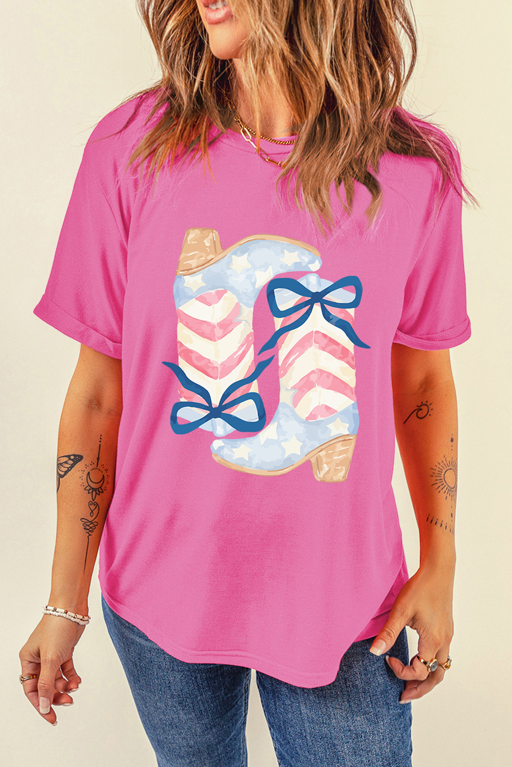 Sachet Pink Flag Pattern Boots Bow Accent Casual Graphic Tee Graphic Tees JT's Designer Fashion