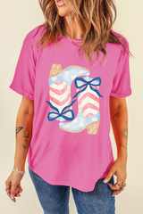 Sachet Pink Flag Pattern Boots Bow Accent Casual Graphic Tee Graphic Tees JT's Designer Fashion