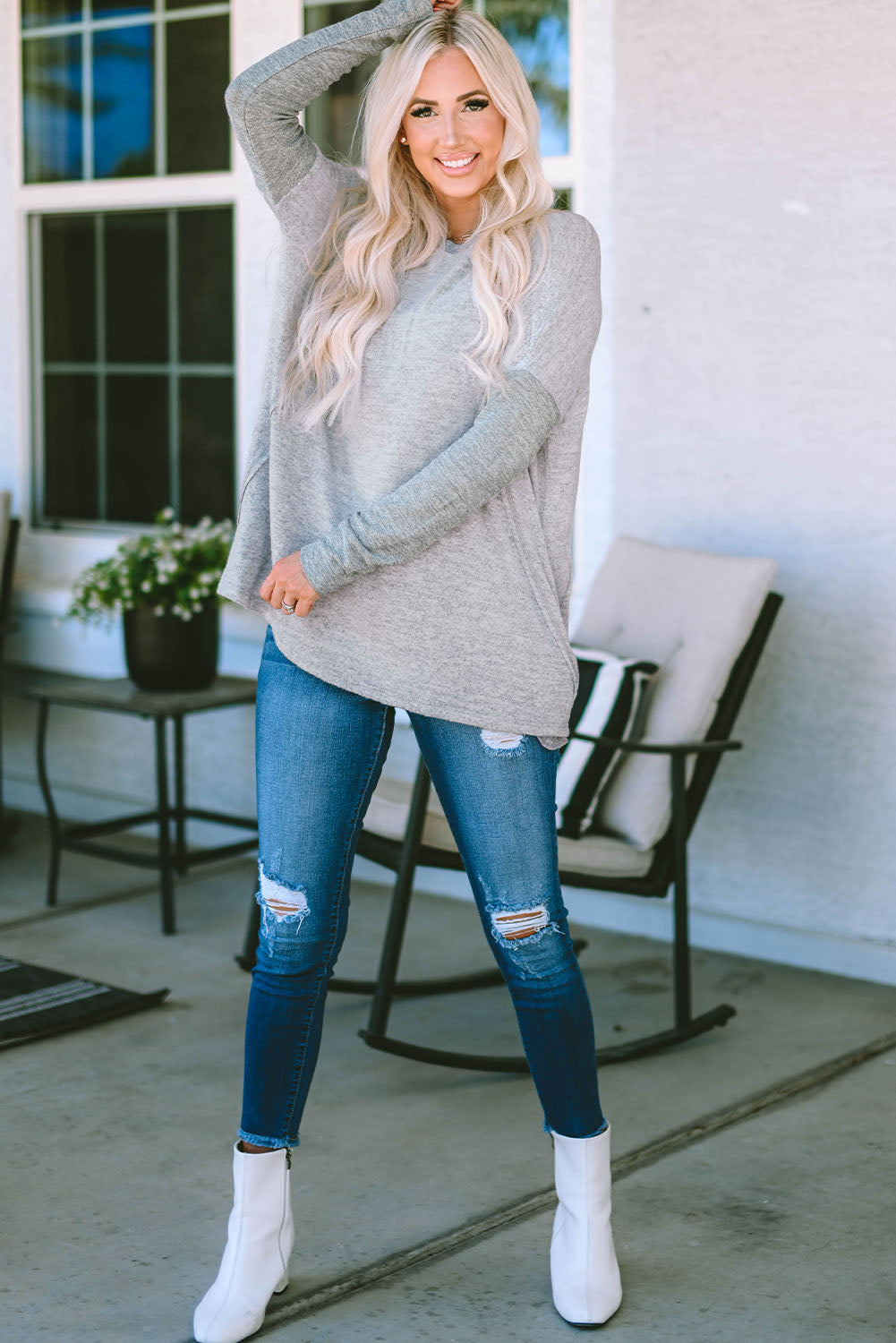 Gray Exposed Seam Patchwork Long Sleeve Top Long Sleeve Tops JT's Designer Fashion