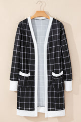 Black Plaid Colorblock Edge Open Cardigan with Pocket Cardigans JT's Designer Fashion