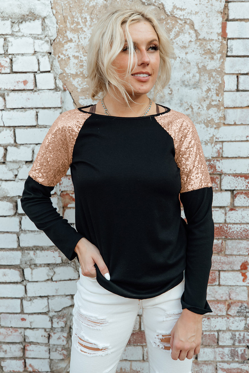 Black Sequin Shoulder Long Sleeve Top Long Sleeve Tops JT's Designer Fashion