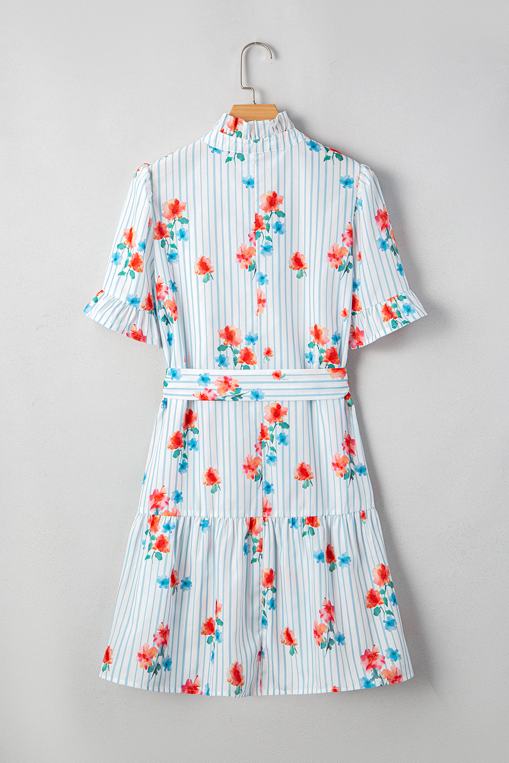 Sky Blue Stripe Floral Pattern Ruffle Short Sleeve Belted Mini Dress Dresses JT's Designer Fashion