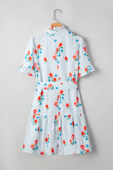 Sky Blue Stripe Floral Pattern Ruffle Short Sleeve Belted Mini Dress Dresses JT's Designer Fashion