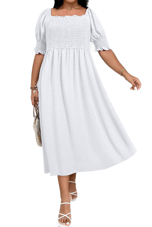 White Swiss Dot Smocked Frilled Neckline Short Sleeve Plus Size Dress Plus Size Maxi Dresses JT's Designer Fashion