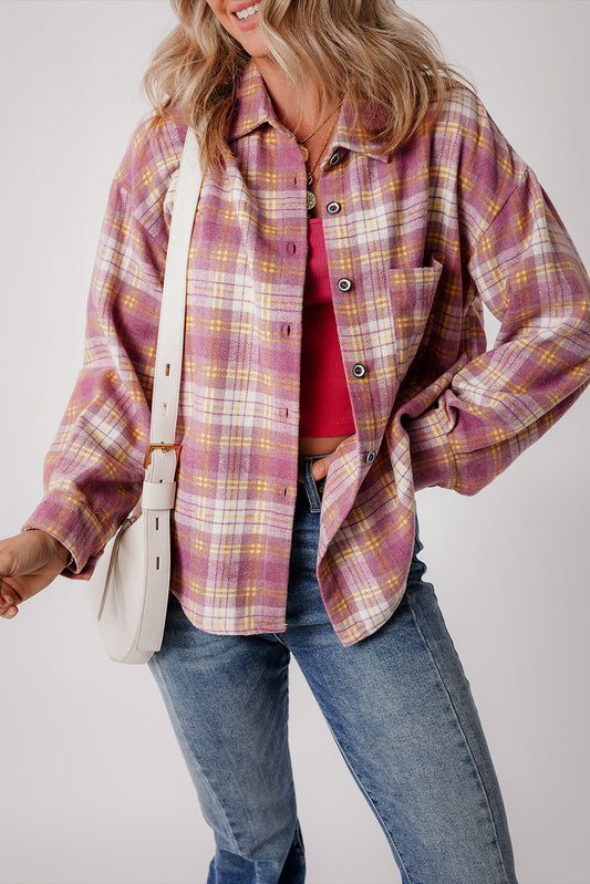 Pink Plaid Print Chest Pocket Long Sleeve Shacket Pink 100%Polyester Plaid Shackets JT's Designer Fashion