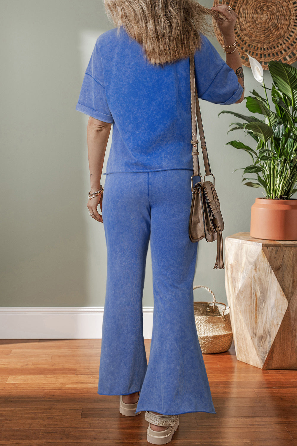 Ashleigh Blue Acid Wash Star Patched Rolled Trim Pants Set Pant Sets JT's Designer Fashion