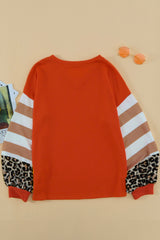 Orange V Neck Leopard Stripe Splice Lantern Sleeve Top Long Sleeve Tops JT's Designer Fashion
