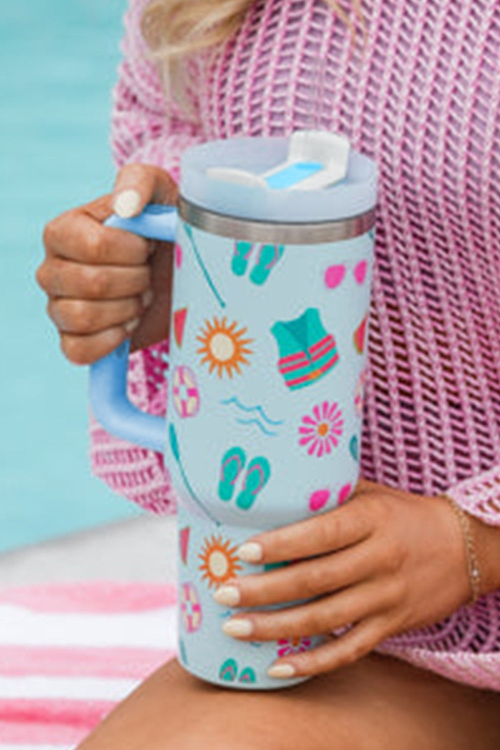 Light Blue Beach Day Fun Pattern Cup with Handle 40oz Tumblers JT's Designer Fashion