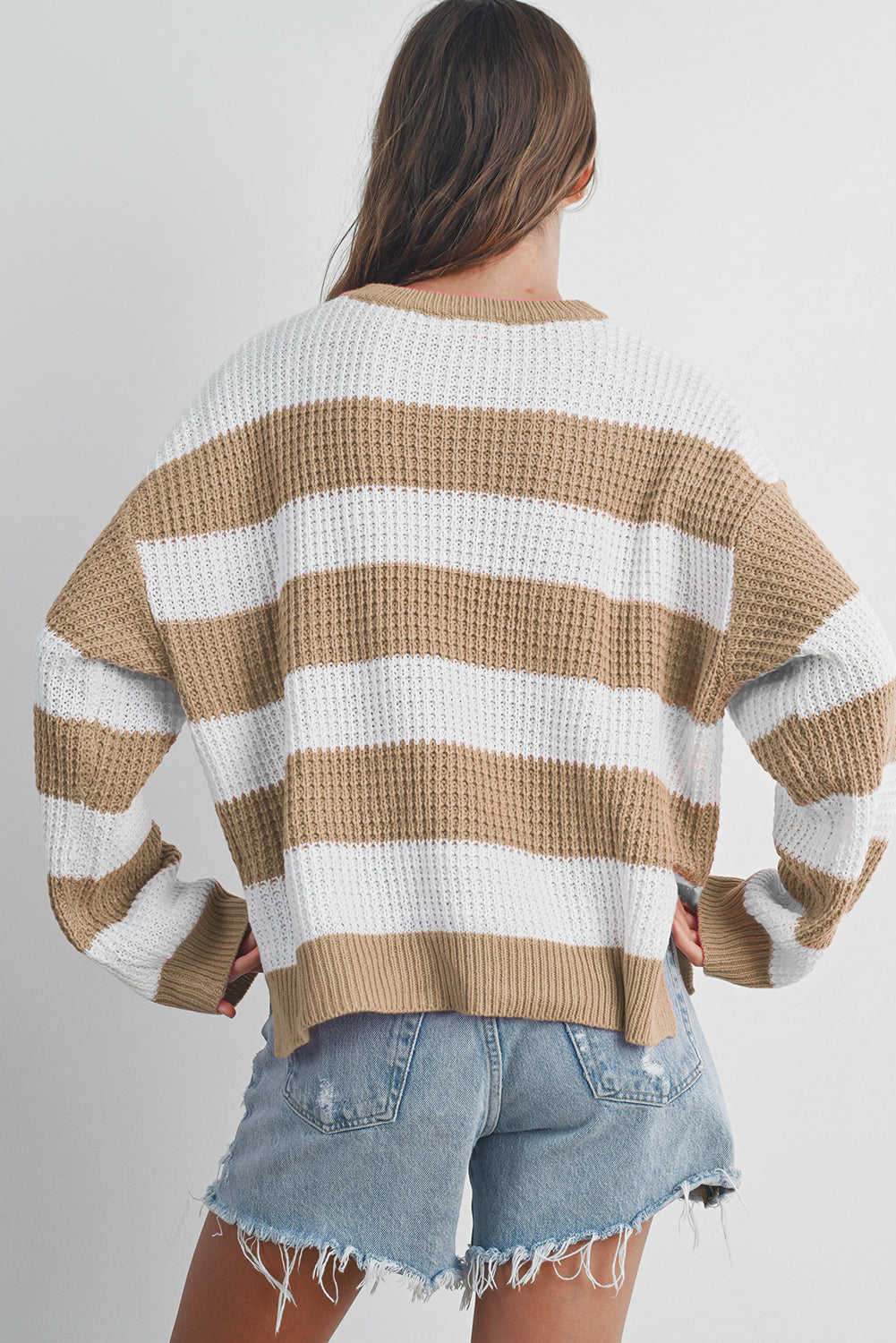 Light French Beige Colorblock Striped Drop Shoulder Side Slit Sweater Sweaters JT's Designer Fashion