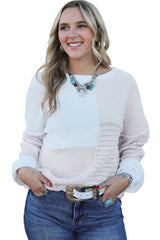 Oatmeal Mixed Pattern Knit Tie Keyhole Drop Shoulder Sweater Sweaters JT's Designer Fashion