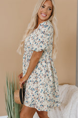 Beige Floral Puff Short Sleeve Empire Waist Mini Dress Floral Dresses JT's Designer Fashion