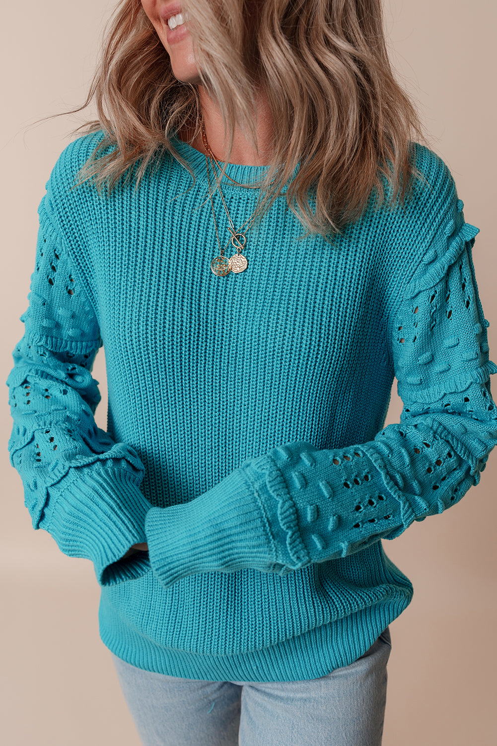 Turquoise Ruffled Eyelet Bubble Sleeve Sweater Sweaters JT's Designer Fashion