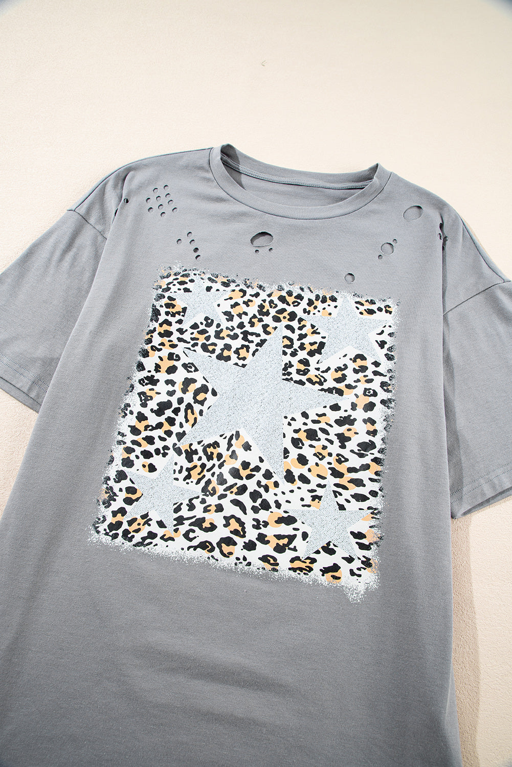 Medium Grey Stars Leopard Graphic Distressed Tee Graphic Tees JT's Designer Fashion