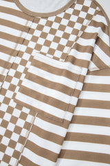 Khaki Checkerboard Striped Patchwork Lantern Sleeve Pocketed Blouse Long Sleeve Tops JT's Designer Fashion