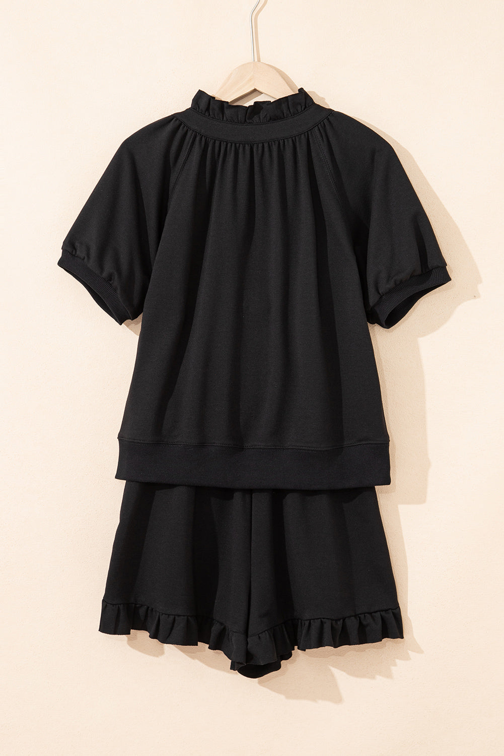 Black Half Zip Puff Sleeve Top and Ruffled Shorts Set Short Sets JT's Designer Fashion