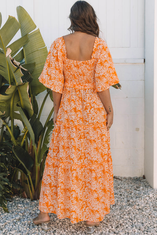 Orange Floral Print Smocked V Neck Wide Sleeve Maxi Dress Floral Dresses JT's Designer Fashion