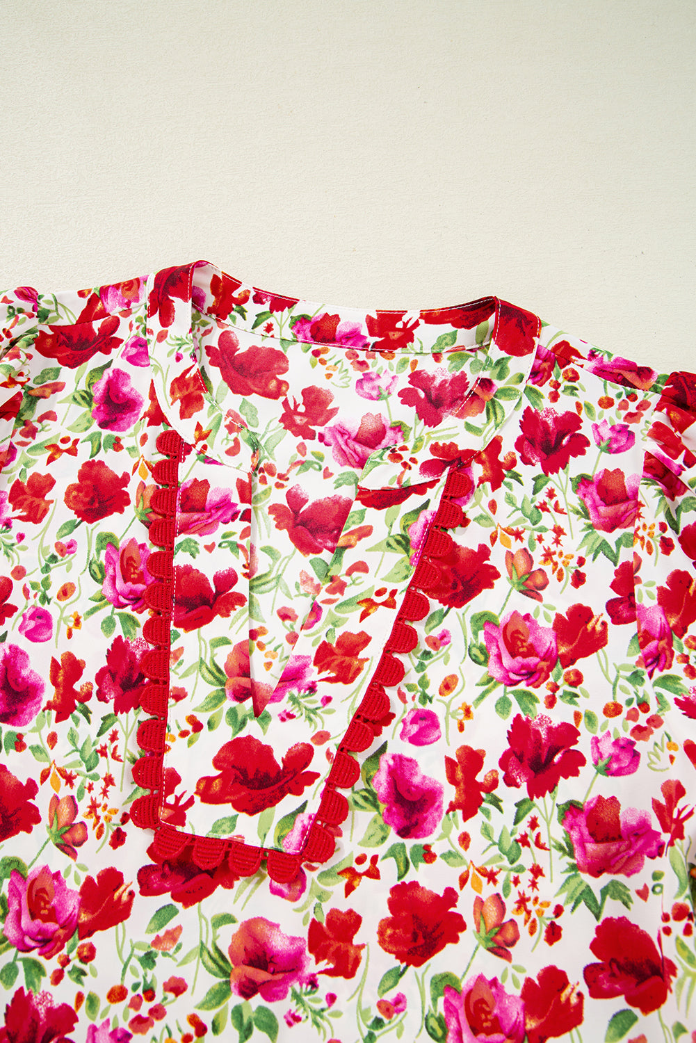 Red Floral Puff Sleeve Tiered Ric Rac Pocketed Mini Dress Floral Dresses JT's Designer Fashion